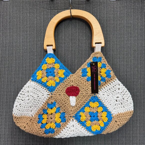 No Boundaries Crochet Handbag With Wooden Handles & Mushroom Design One Size - Picture 1 of 6